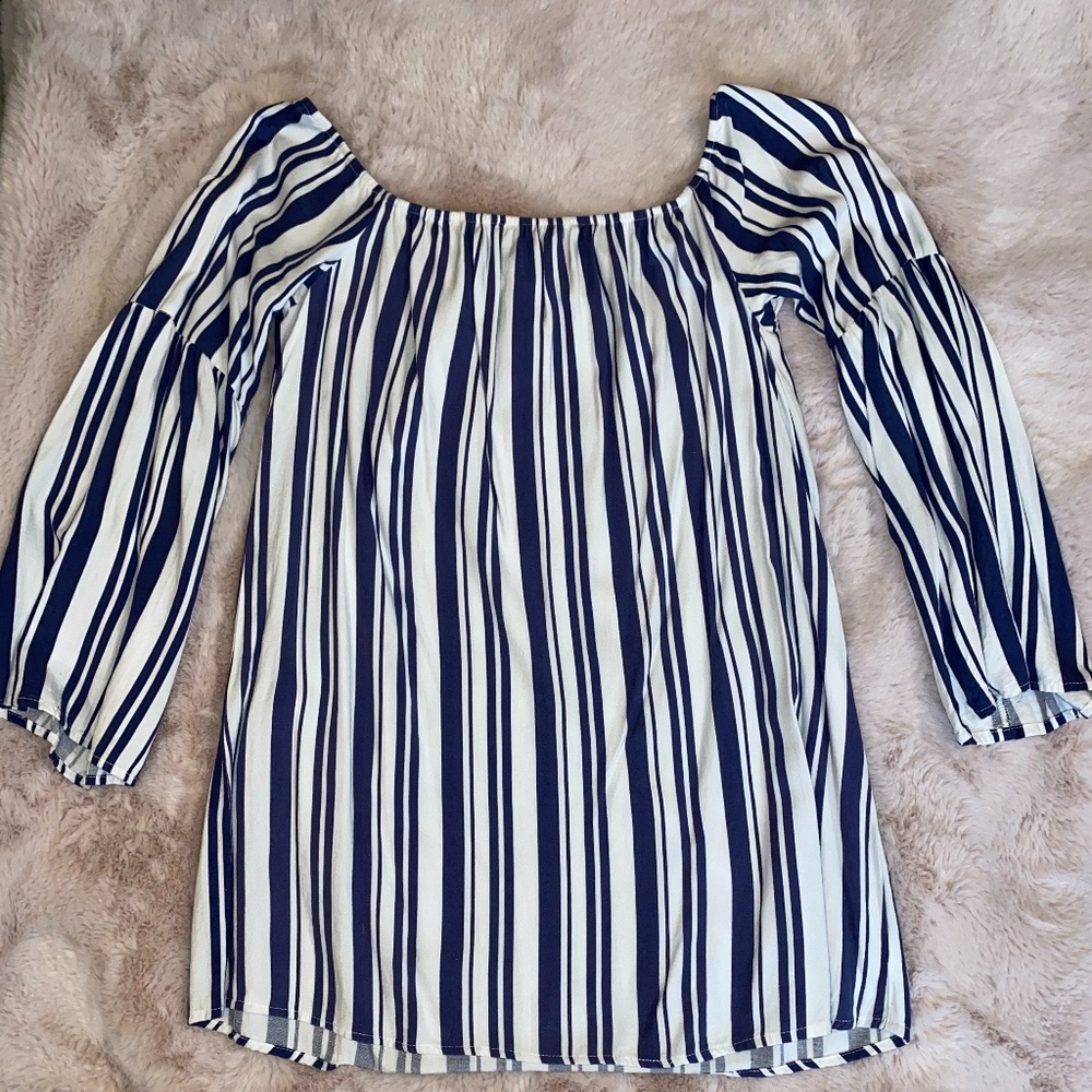 Blue & White Striped Off-Shoulder Dress